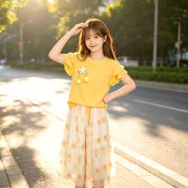 女童夏季套装新款儿童超火洋气短袖碎花裙裤两件套中大童夏装