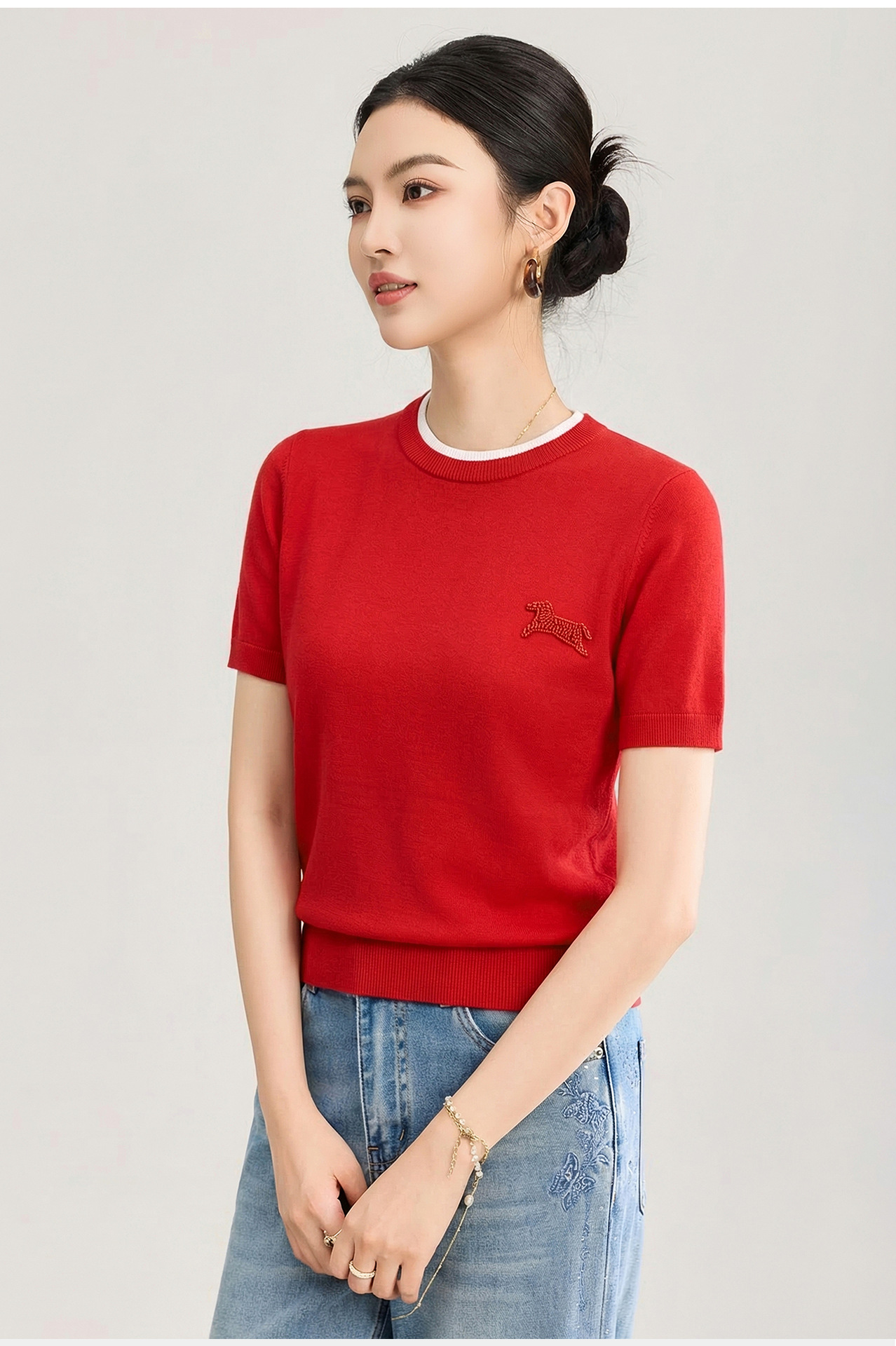 Áo thun dệt kim len merino giả hai lớp cổ tròn — màu xanh navy chi tiết 9