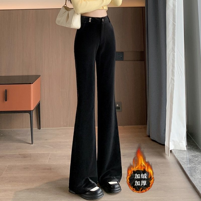 Black Velvet Flared Pants for Women 2025 Spring and Autumn New Stylish Petite High-Waisted Slimming Bell-Bottom Pants