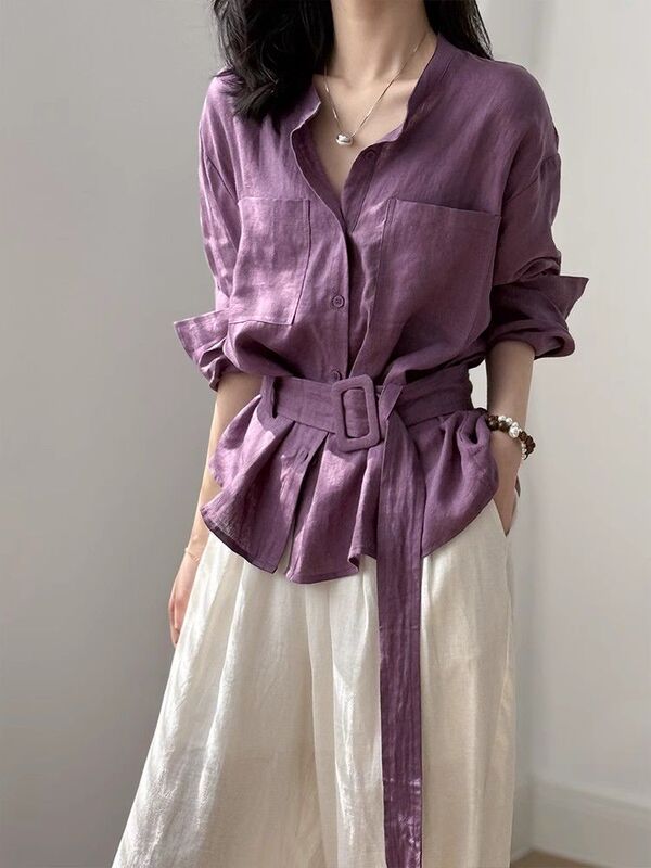 Simon Reiner's Fashionable European Long-Sleeved Design Shirt Slimming Look 2025 Linen Shirt New Style Lace-Up