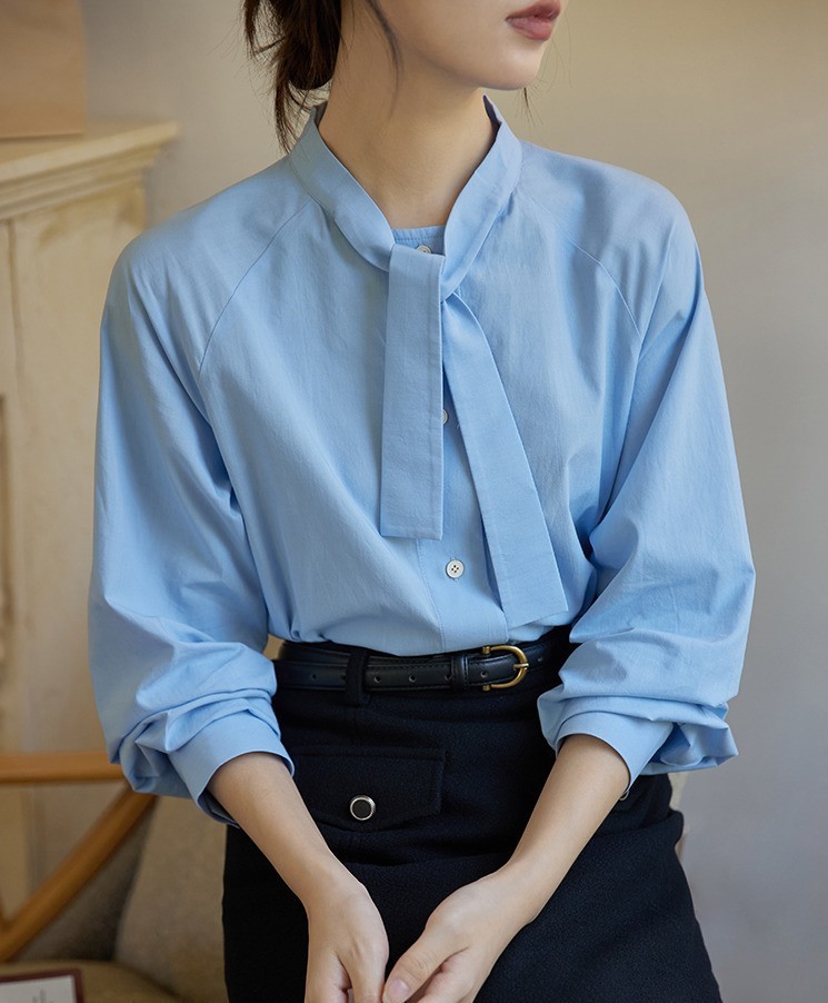 Moriirose蓝色|奶茶色衬衫秋2023法式复古系带长袖气质上衣