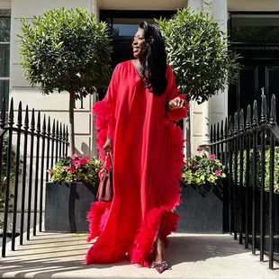 Fashion African BUBU Amazon independent station new luxury fully surrounded feather high slit robe dress