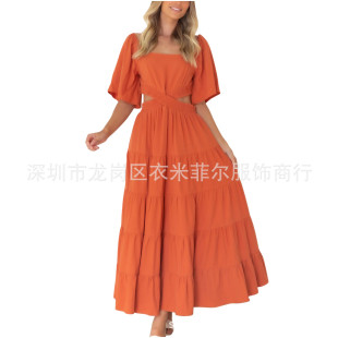 2022 Summer Ladies Dress Summer Sun Dress Square Collar Bubble Sleeve Long Dress Dress Casual Beach Dress