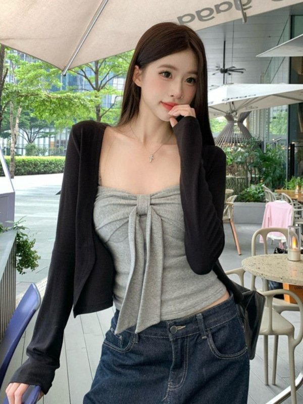 韩系高级感黑色长袖外套女早秋季2025新款开衫配抹胸吊带上衣套装|undefined