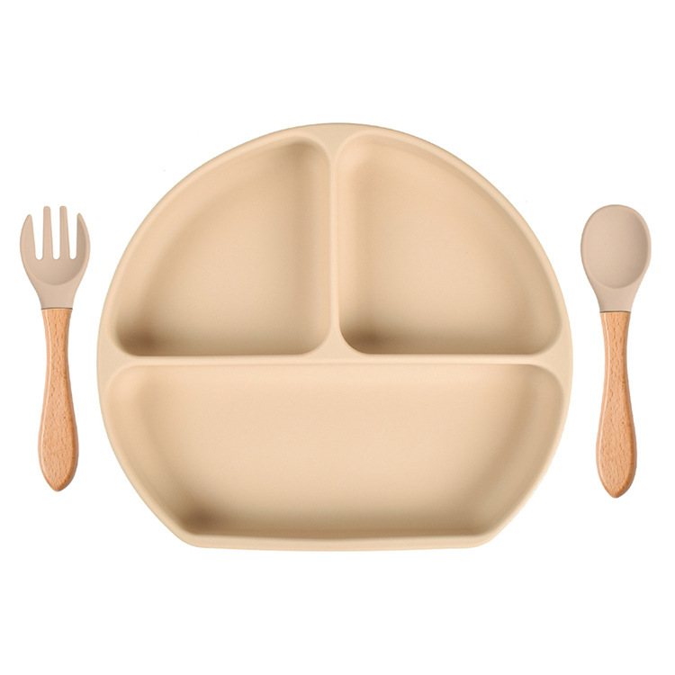 スポット分格子供食器ベビー吸盤シリコンボウル赤ちゃんスプーンストロー一体式シリコン皿|undefined