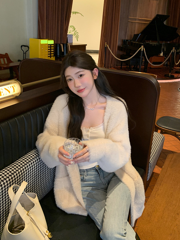 陈大钰软糯慵懒水貂绒毛衣外套女秋冬宽松加厚温柔奶fufu针织开衫|undefined