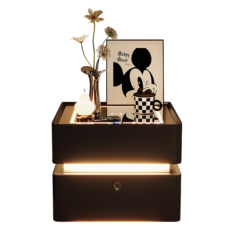 Smart bedside desk negro todo madera maciza dormitorio doméstico 2025 nuevo lujo ligero de alta calidad huellas dactilares cerradura cabecera de almacenamiento