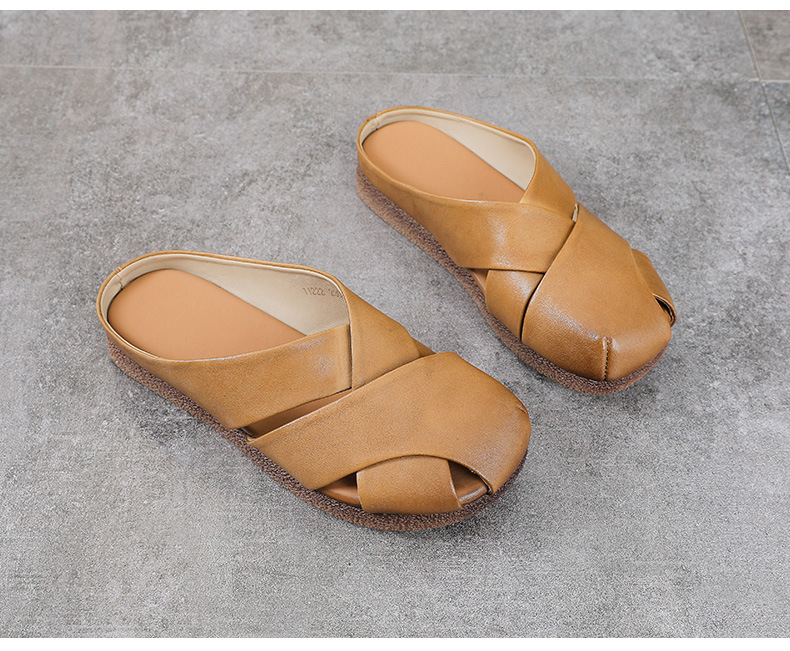 Dép sandal nữ bít mũi da bò thật đế bệt kiểu dáng điệu bộ — màu mơ chi tiết 13