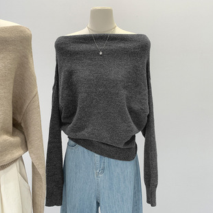 European Style In-Stock Designer Off-The-Shoulder Loose Knit Top for Women, Early Autumn New Style, Lazy Chic Style for Winter