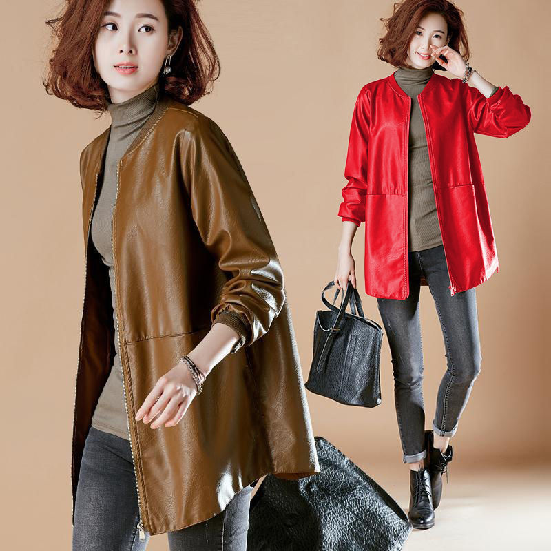 2023 leather coat women's leather jacket windbreaker leather coat slimming plus size baseball uniform mid-length leather coat women