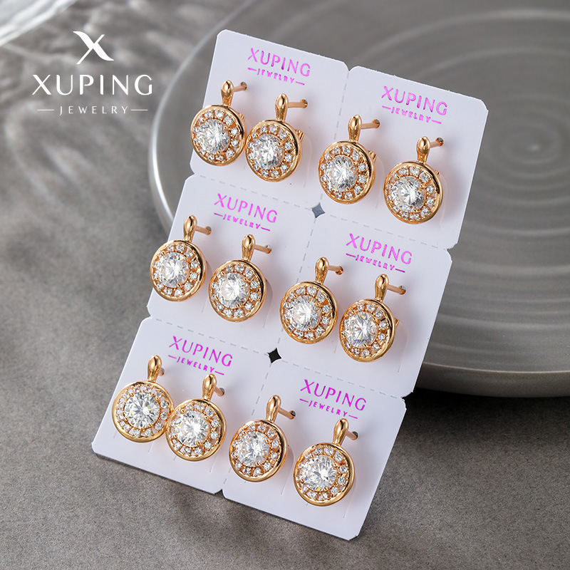 Pendientes Xuping de aleación con baño de oro de 18k, incrustaciones de circonita, estilo europeo y americano, ligeros y lujosos, venta al por mayor para mujer
