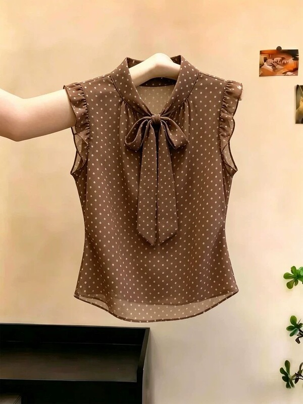 High-End Retro Polka-Dot Bow-Tie Shirt for Women, New Summer Style, French Style, Slimming, Versatile Top, Trendy