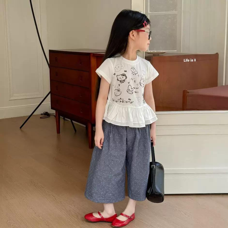 夏季新款中小女童韩版花边T恤卡通印花休闲短袖圆领套头百搭上衣