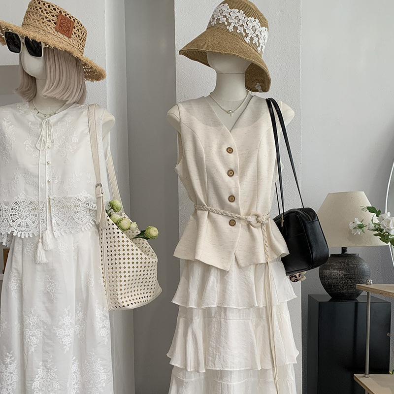 Omalai V-Neck Sleeveless Single-Breasted Vest + Ruffled Mid-Length Cake Skirt Two-Piece Set for Women 7110 Omalai V-Neck Sleeveless Single-Breasted Vest + Ruffled Mid-Length Cake Skirt Two-Piece Set for Women 7110