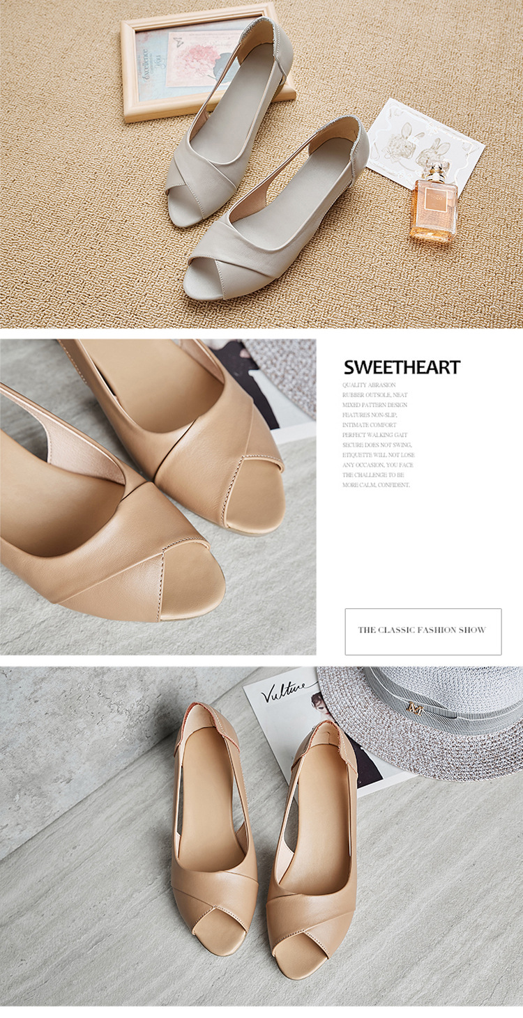 Dép sandal nữ da thật mùa hè, quai chữ V đơn giản, đế xuồng thấp — Màu be chi tiết 5