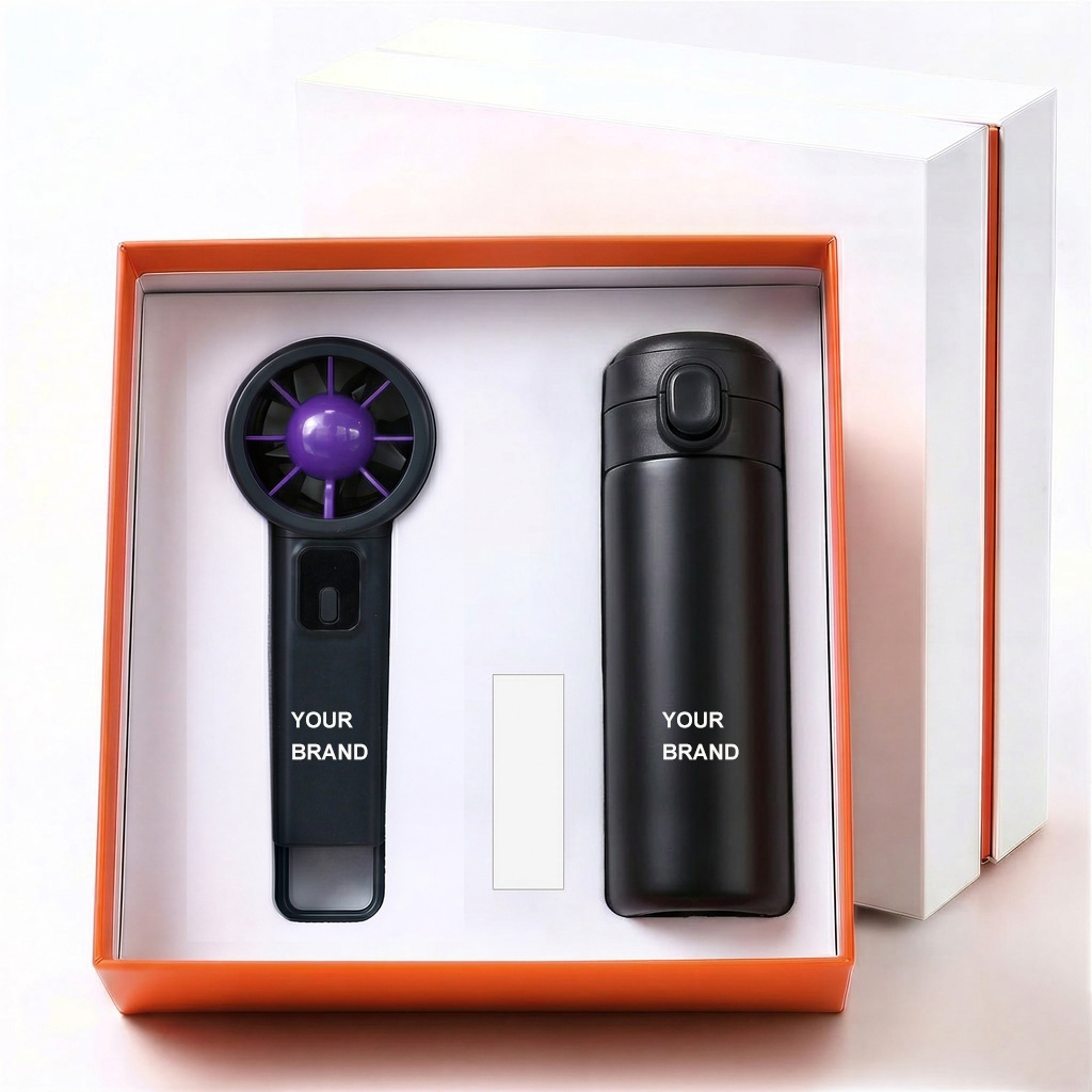 Set de regalo con mini ventilador USB recargable, paraguas, taza de agua, logotipo, regalo promocional empresarial para días festivos