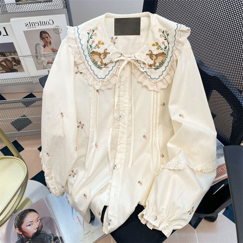 Cross-Border Multi-Layered Ruffle Shirt, Loose Lace Embroidered Shirt, Doll Collar Shirt, Heavy Embroidery Base Shirt for Layering Cross-Border Multi-Layered Ruffle Shirt, Loose Lace Embroidered Shirt, Doll Collar Shirt, Heavy Embroidery Base Shirt for Layering