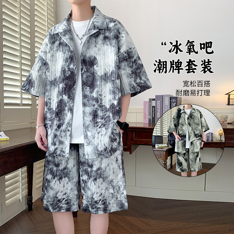 남성용 여름 타이 염색 아이스 실크 셔츠 정장, 스포츠 비치 반팔 티셔츠, 남성용 반바지, 트렌디한 남성 의류 세트