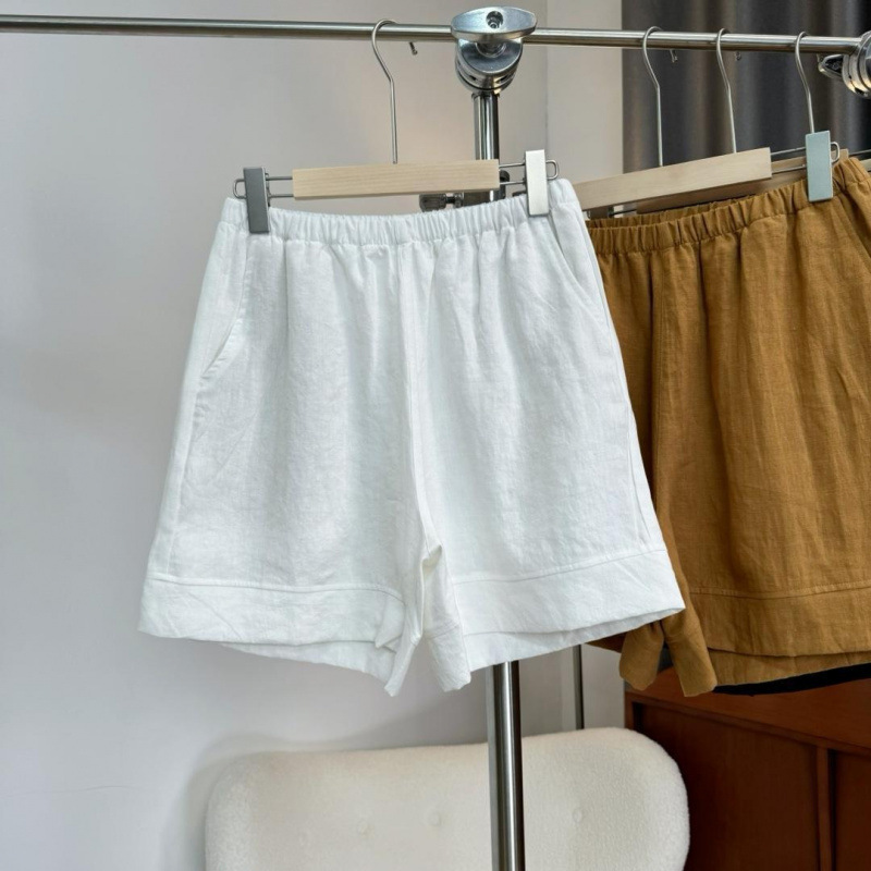 Solid Color Cotton and Linen Breathable Elastic Waist Shorts for Women, Summer Thin Cotton and Linen Loose Casual Wide-Leg Knee-Length Shorts