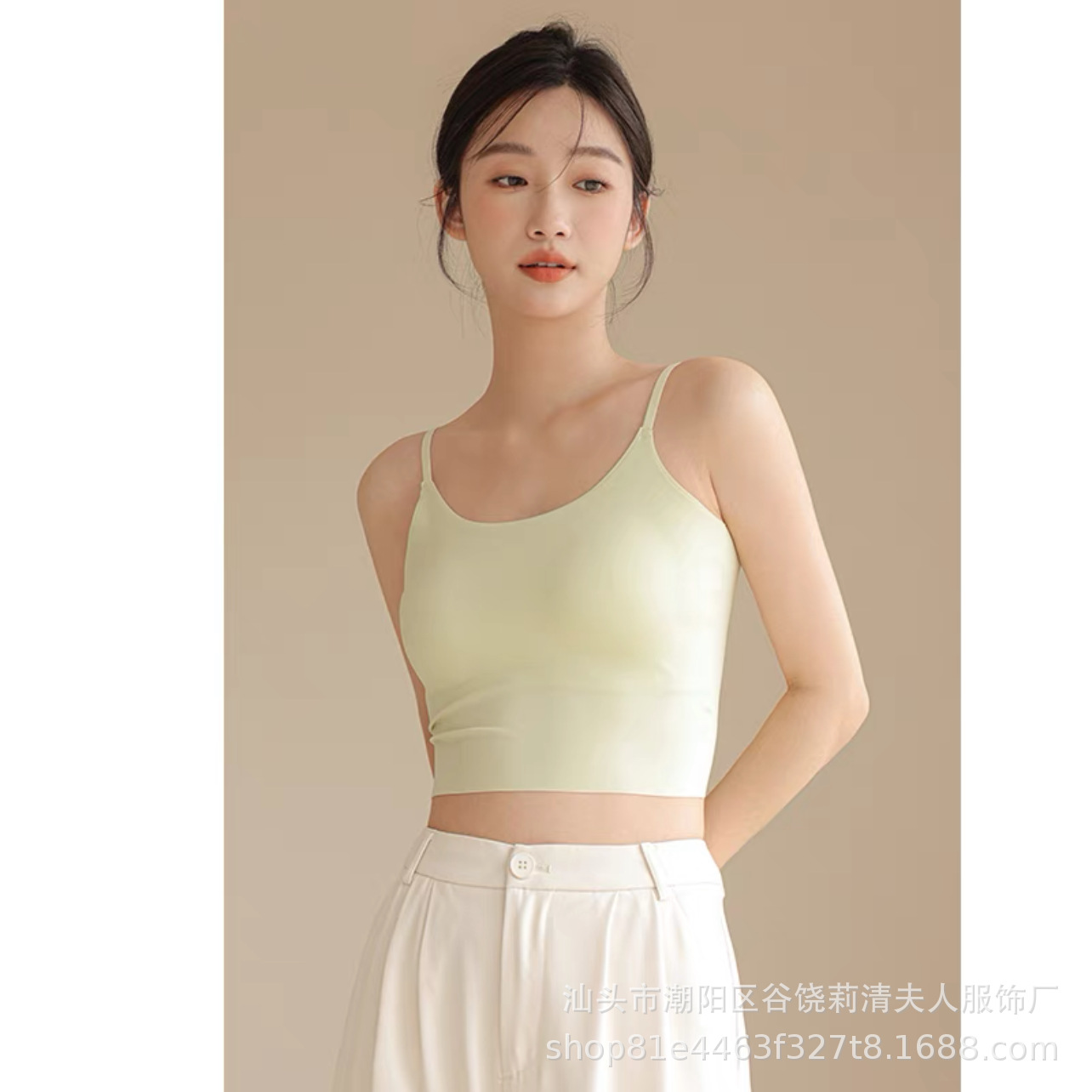 아이스 실크 원활한 작은 캐미솔 속옷 여성용 고정 컵 바깥 착용 뷰티 백 내부 끈이없는 브래지어 패드