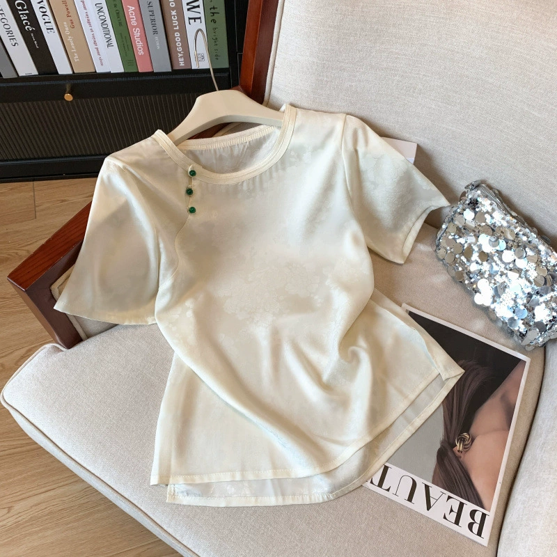 Новая китайская шелковая рубашка с круглым вырезом и жаккардовым атласным узором для женщин, лето 2025, шикарный топ из шелкового шелка с короткими рукавами в китайском стиле