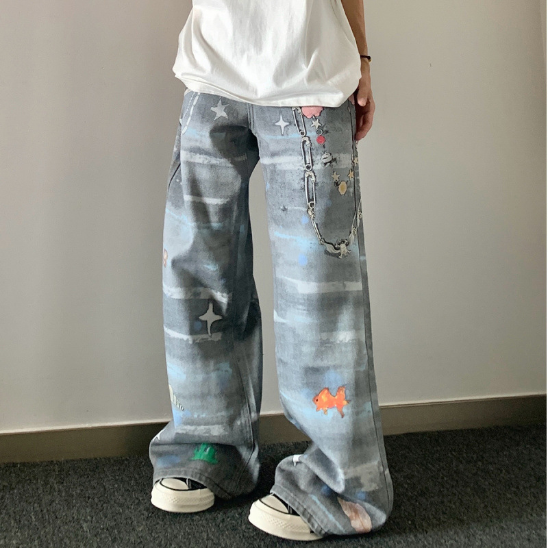 American-Style Patchwork Digital 3D Pendant Chain Ocean Print High Street Straight-Leg Pants Men's Trendy Versatile Jeans