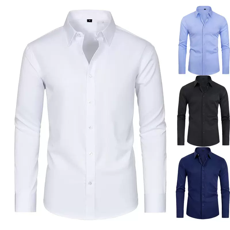 亚马逊四面弹力衬衫男长袖纯色跨境男装修身时尚商务休闲免烫衬衣