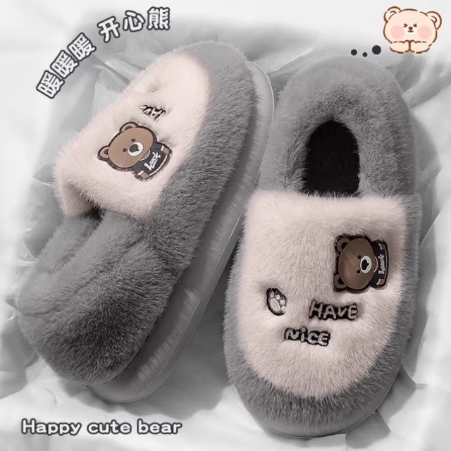Zapatillas de algodón para mujeres invierno 2025 nuevo estilo interior de dibujos animados antideslizantes peluche de algodón de fondo grueso invierno