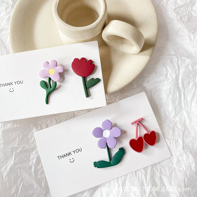 适合夏天花朵桃心滴油耳钉日韩甜美风不对称不规则耳饰小清新饰品