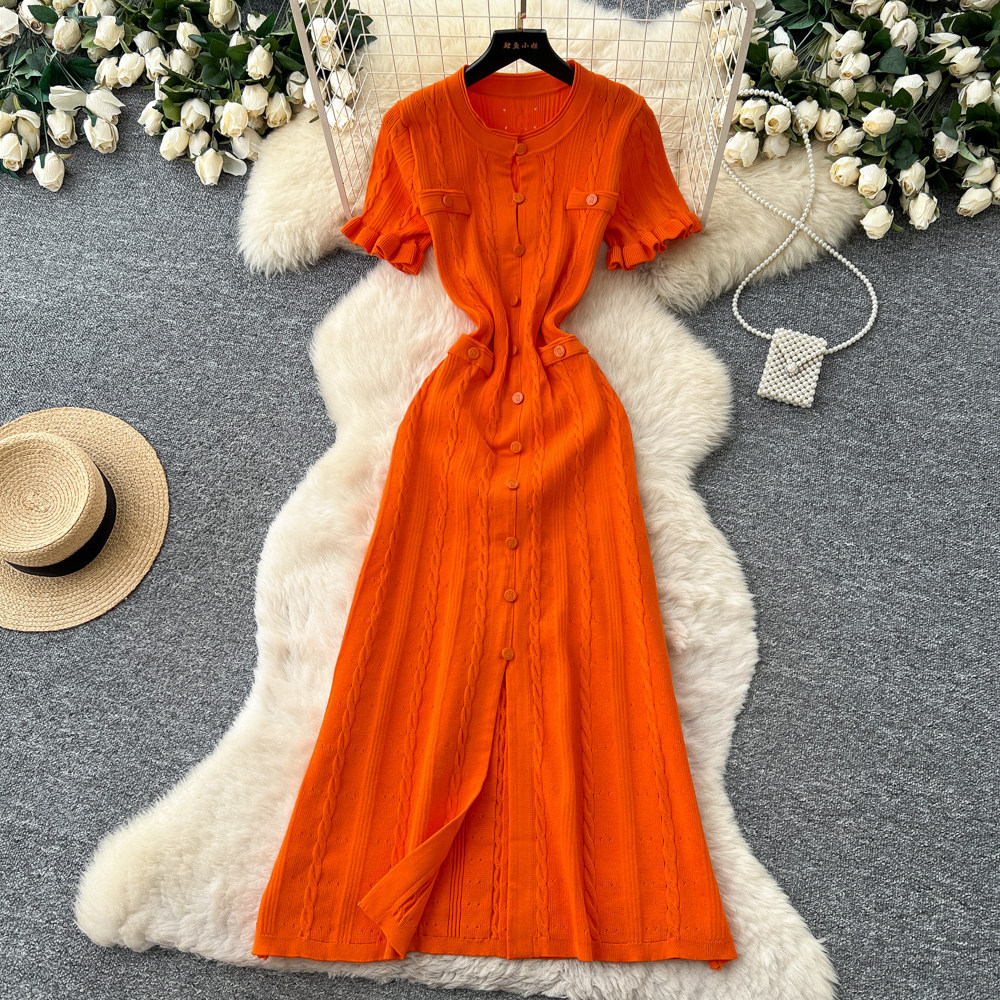 Women's Clothing Elegant Knit Tweed Dress With Front Buttons And Short Sleeves For Women_ecoleips.com