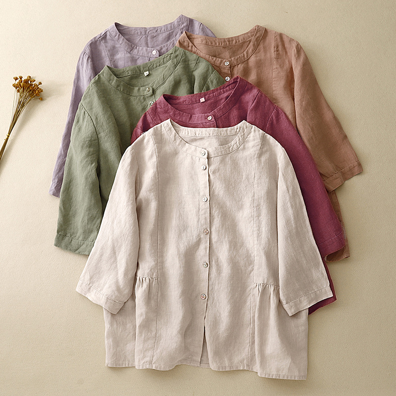 Summer retro solid color shirt with a round collar