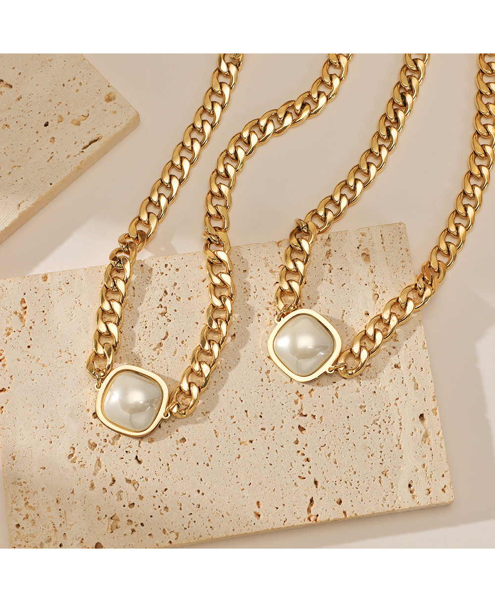 Hip-Hop Square Stainless Steel Gold Plated Artificial Pearls Necklace