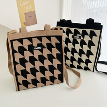 小众设计编织手提包黑白格纹撞色手拎包时尚百搭大容量通勤小方包