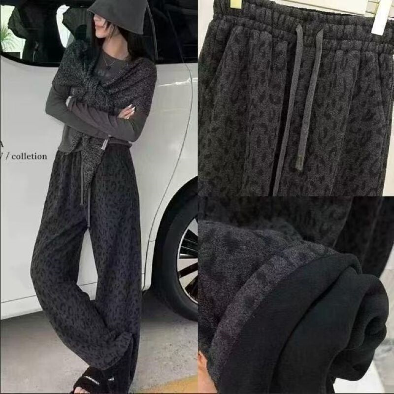 Women's fleece-lined, thick, leopard-print casual wide-leg pants, 2026 autumn/winter new collection, high-waisted, slimming, loose, straight-leg style Women's fleece-lined, thick, leopard-print casual wide-leg pants, 2026 autumn/winter new collection, high-waisted, slimming, loose, straight-leg style