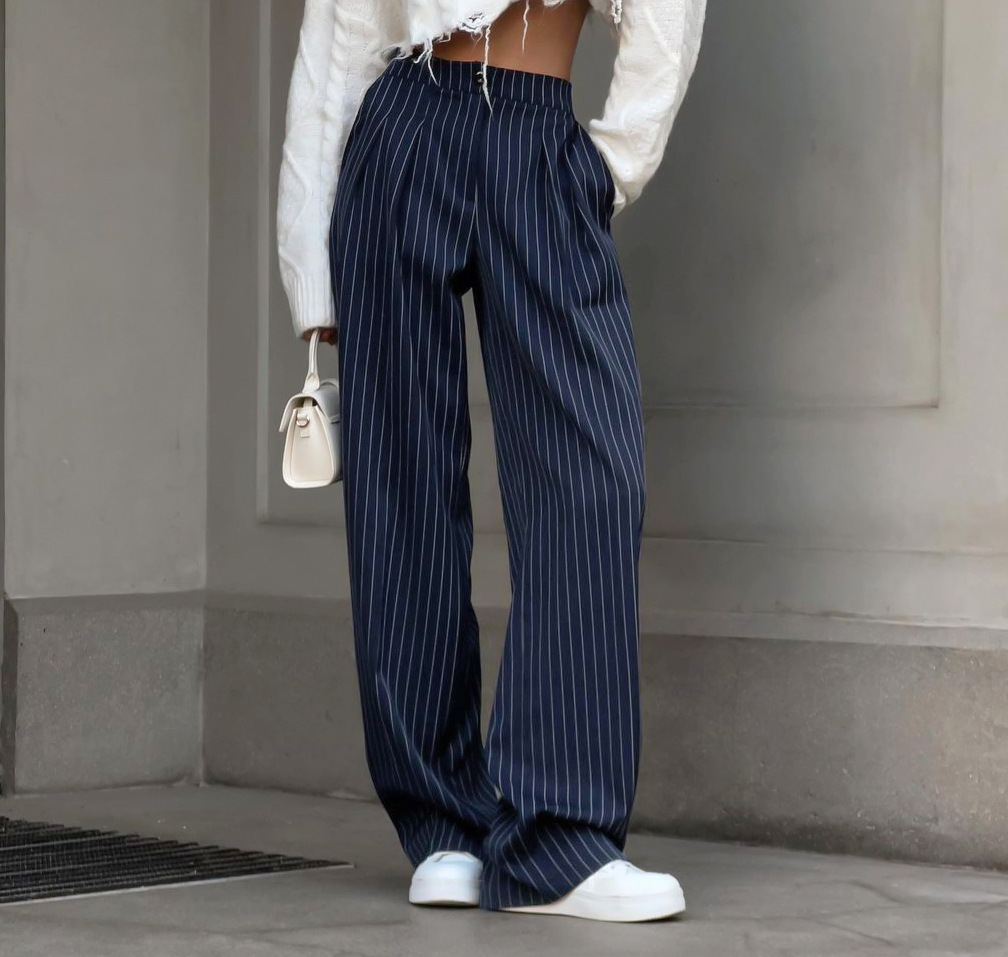 315g Weight Full Length Pants Length Spandex, Polyester Fabric Type High Waist Waist Line Casual Pants Pants Type Inelastic Elasticity Daily Occasion Regular Fit Fit Type Stripe Pattern Summer, Spring, Autumn Season Women's Gender Pocket Design Simple Style Style Women's Daily Simple Style Stripe Full Length Pocket Casual Pants 无