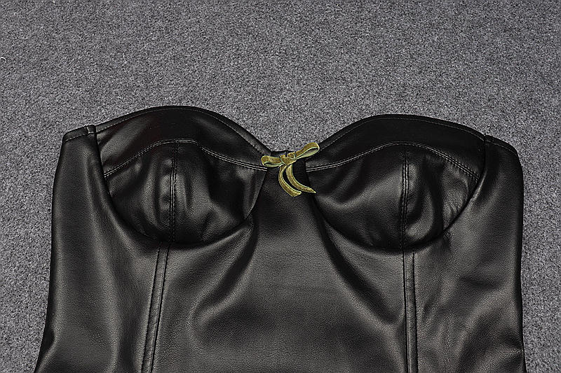 Stitching Bow Tube Top Solid Color Pu Leather Dress NSBJD115351