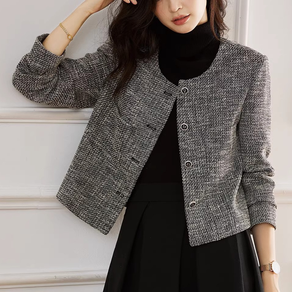 Tweed Style Jacket Women's Long-Sleeved Spring and Autum New Versatile Short Jacket Casual Loose Tweed Outer Top for Women