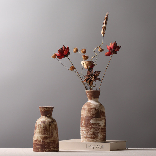 Wabi-sabi style small terracotta jar, guesthouse interior decoration, creative floral vases for living room and tea room, rustic terracotta desk ornaments