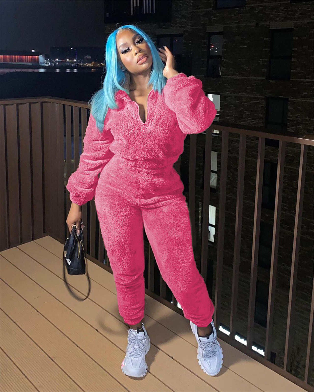 Fashion Solid Color Polyester Zipper Pants Sets 2 Piece Set