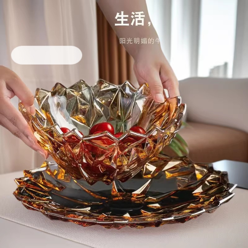 欧式水晶玻璃果盘零食盘创意简约现代客厅茶几家用高脚轻奢水果盘