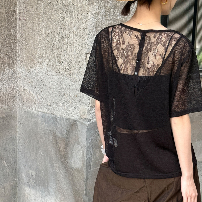 Leino V-Neck Short-Sleeved T-Shirt Women's Two-Piece Set 2026 New Korean Style Lace Splicing Design Casual Slightly See-Through Top Leino V-Neck Short-Sleeved T-Shirt Women's Two-Piece Set 2026 New Korean Style Lace Splicing Design Casual Slightly See-Through Top