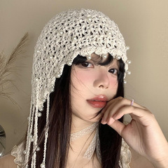 手工编织镂空珍珠流苏吊坠包头帽女春秋季钩花民族风薄款针织帽子