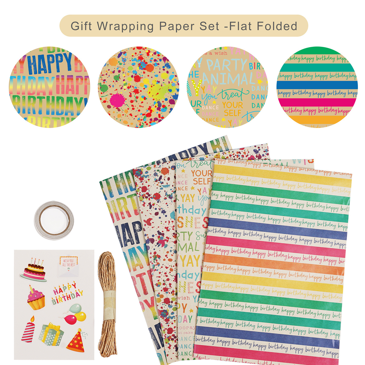 Transfronterizo nuevo feliz cumpleaños papel de embalaje de papel Kraft lindo libro de dibujos animados papel de regalo en stock al por mayor
