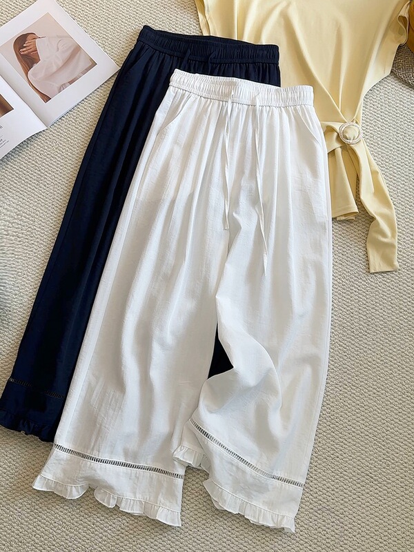Cool Lace Pants! Thin Loose Wide-Leg Pants for Women, Summer Thin Elastic Waist Nine-Point Straight Pants, Casual Pants