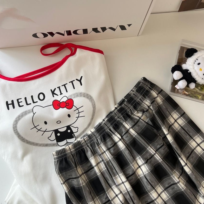 Con almohadilla para el pecho, pijamas hellokitty, pantalones cortos de verano para mujer, suéter de tirantes, lindo traje de servicio a domicilio coreano, algodón de imitación