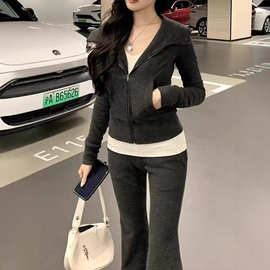 早秋独特超好看灰色条纹套装女巨好看的两件套卫衣外套裤子套装