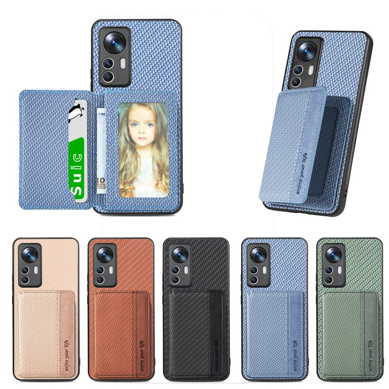 Suitable for Xiaomi 12Tpro Magnetic Back Sticker Card Holder Mobile Phone Case Redmi Note11S Carbon Fiber Pattern Protective Cover