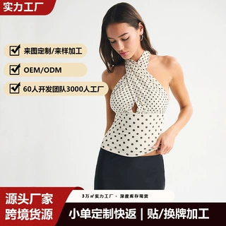 欧美性感辣妹复古波点挂脖上衣女夏季撞色拼接吊带背心网纱打底衫