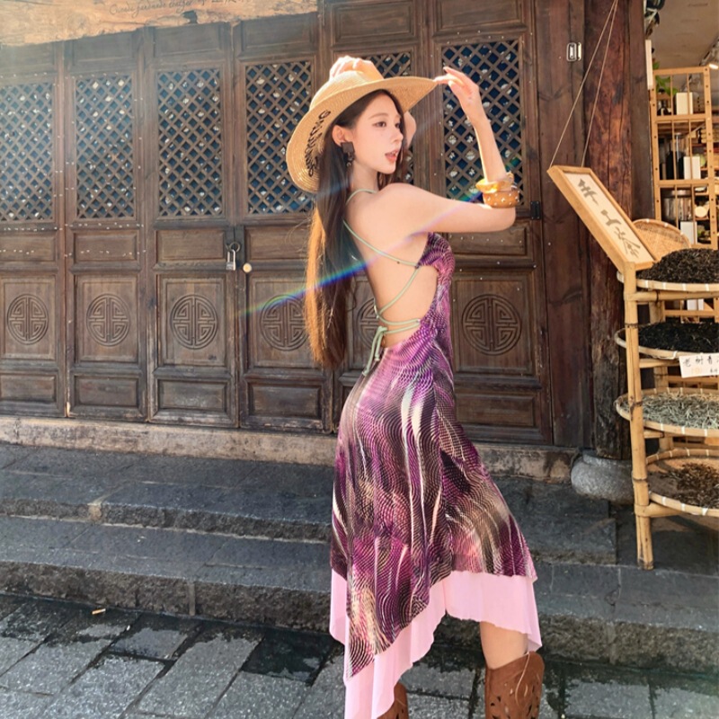 Psychedelic Print Hippie Style Strappy Beaded Irregular Suspender Backless Dress Seaside Vacation Dress for Women Summer