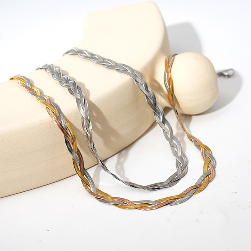 Women's designer handmade braided titanium steel necklace Women's new trendy European and American light luxury three-layer simple snake bone chain
